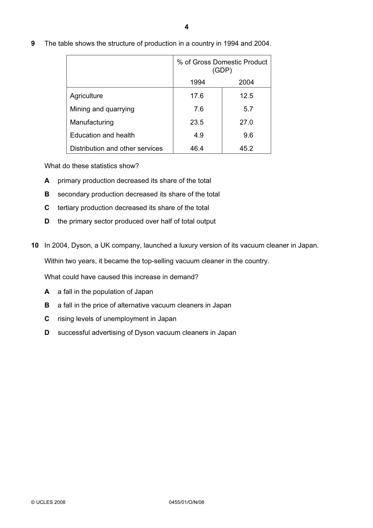 Cambridge IGCSE Economics 0455 2008 Oct/Nov Paper 1 · Variant 1 question paper, page 4 of 16