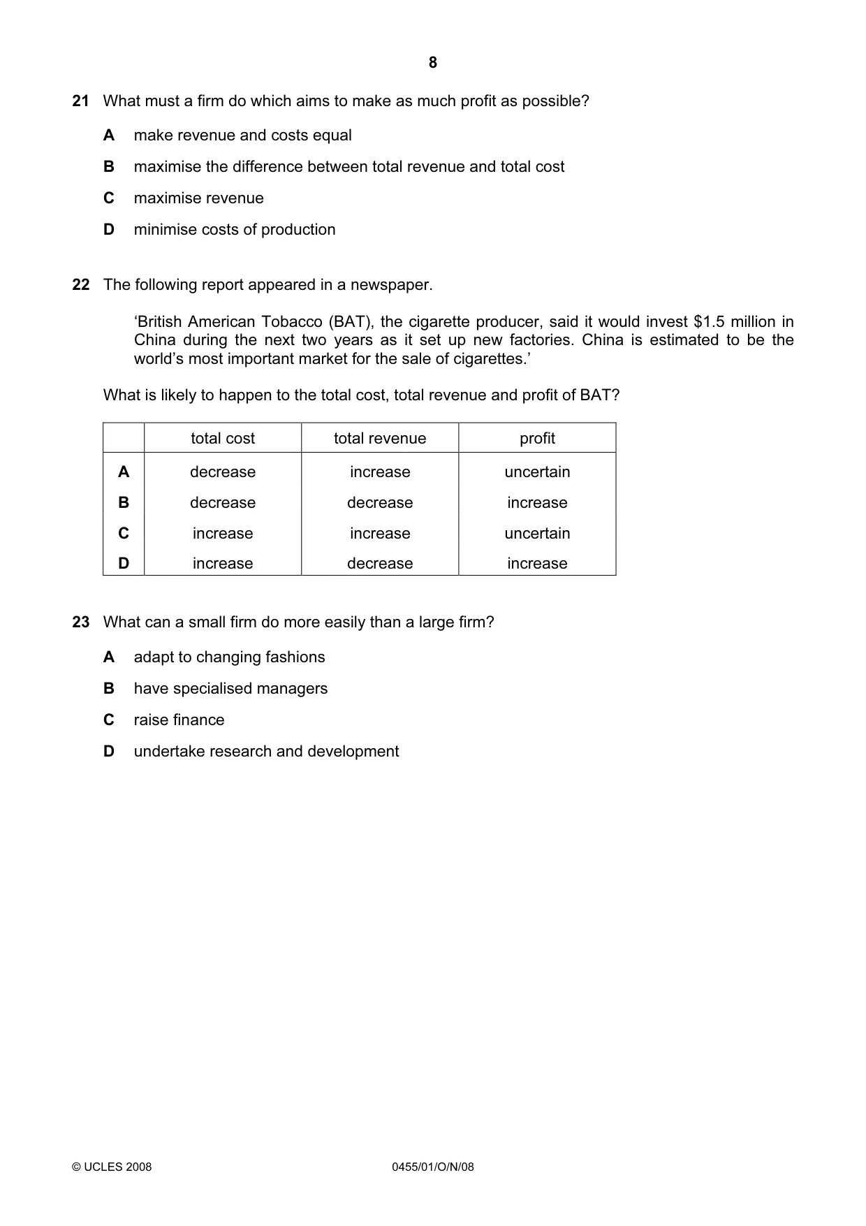 Cambridge IGCSE Economics 0455 2008 Oct/Nov Paper 1 · Variant 1 question paper, page 8 of 16