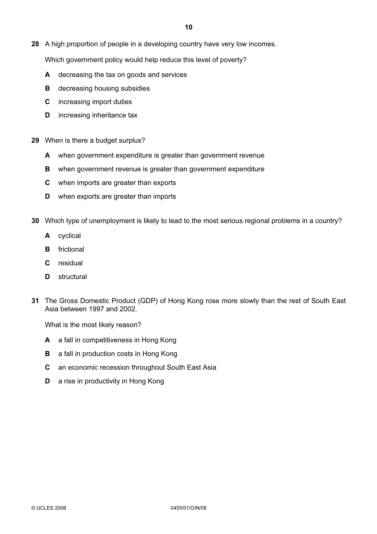 Cambridge IGCSE Economics 0455 2008 Oct/Nov Paper 1 · Variant 1 question paper, page 10 of 16