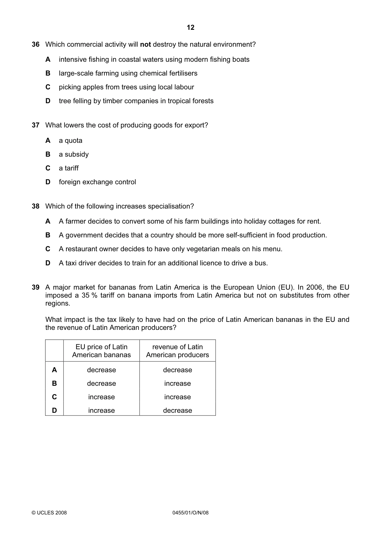 Cambridge IGCSE Economics 0455 2008 Oct/Nov Paper 1 · Variant 1 question paper, page 12 of 16