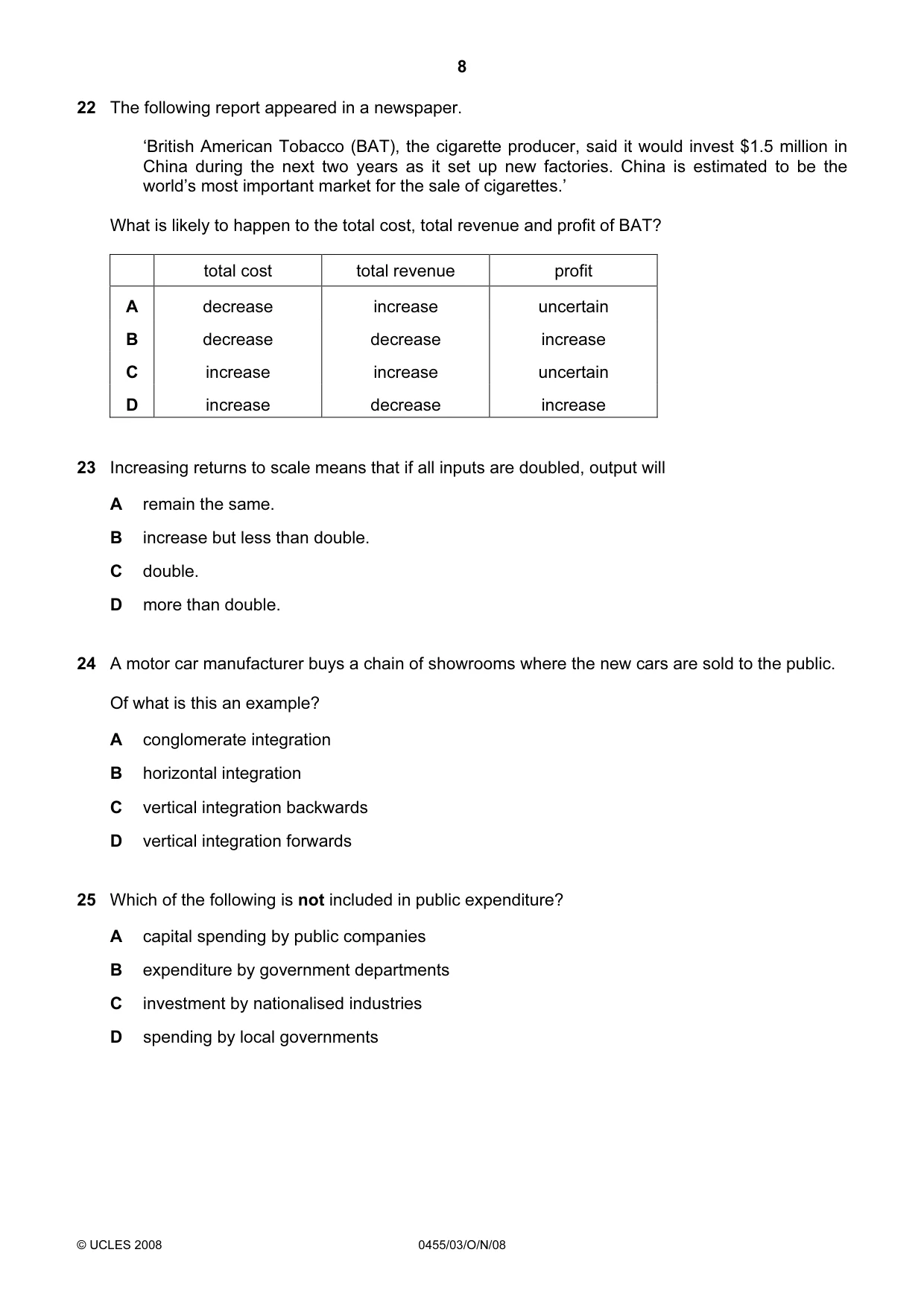 Cambridge IGCSE Economics 0455 2008 Oct/Nov Paper 3 · Variant 1 question paper, page 8 of 12
