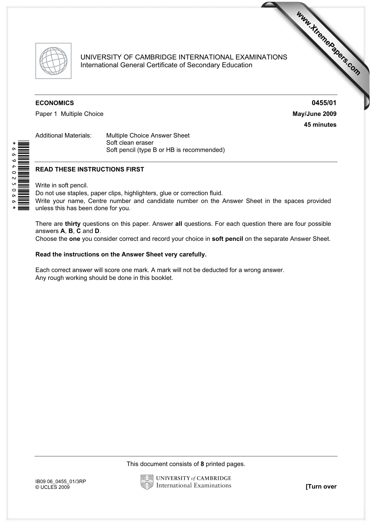 Cambridge IGCSE Economics 0455 2009 May/June Paper 1 · Variant 1 question paper, page 1 of 8