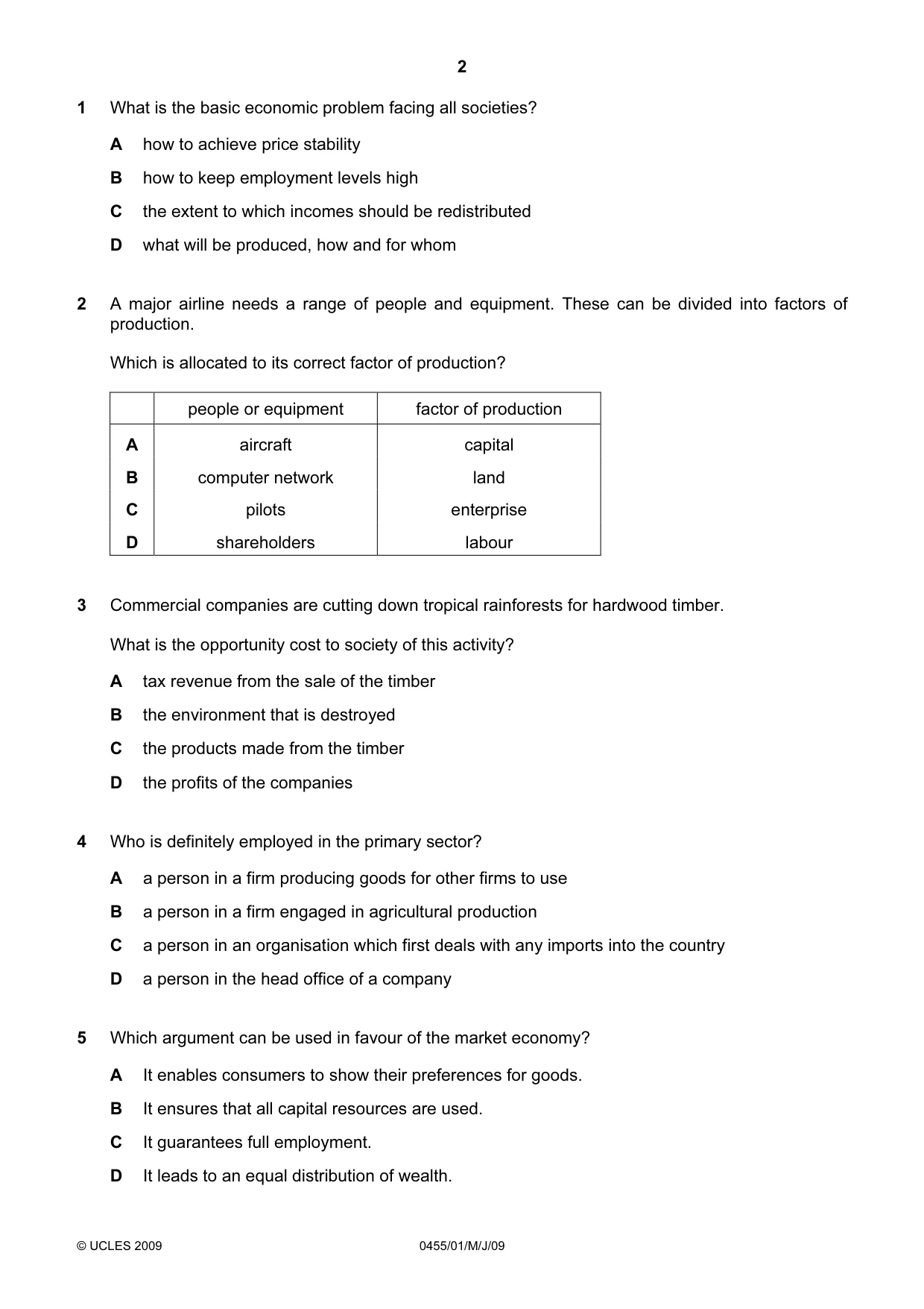 Cambridge IGCSE Economics 0455 2009 May/June Paper 1 · Variant 1 question paper, page 2 of 8