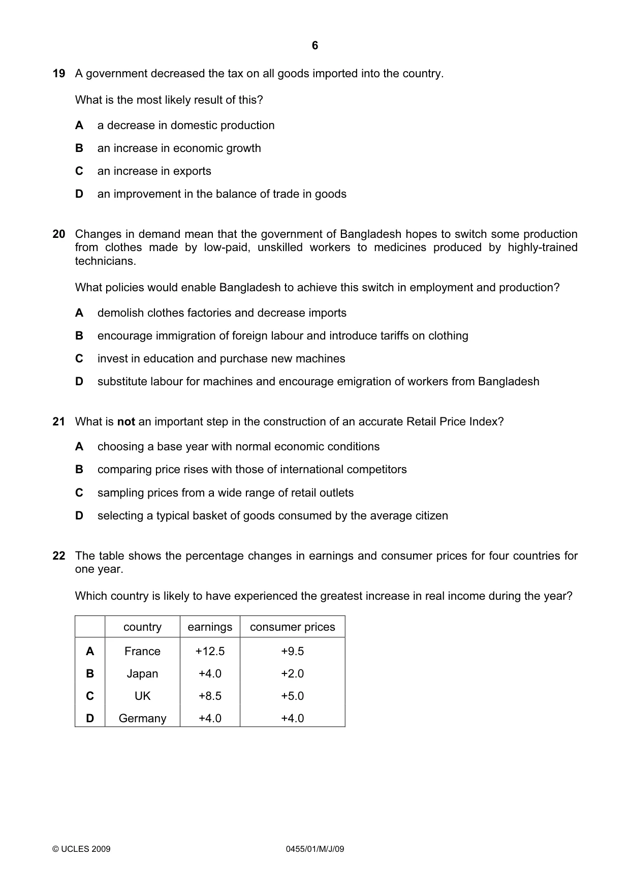 Cambridge IGCSE Economics 0455 2009 May/June Paper 1 · Variant 1 question paper, page 6 of 8
