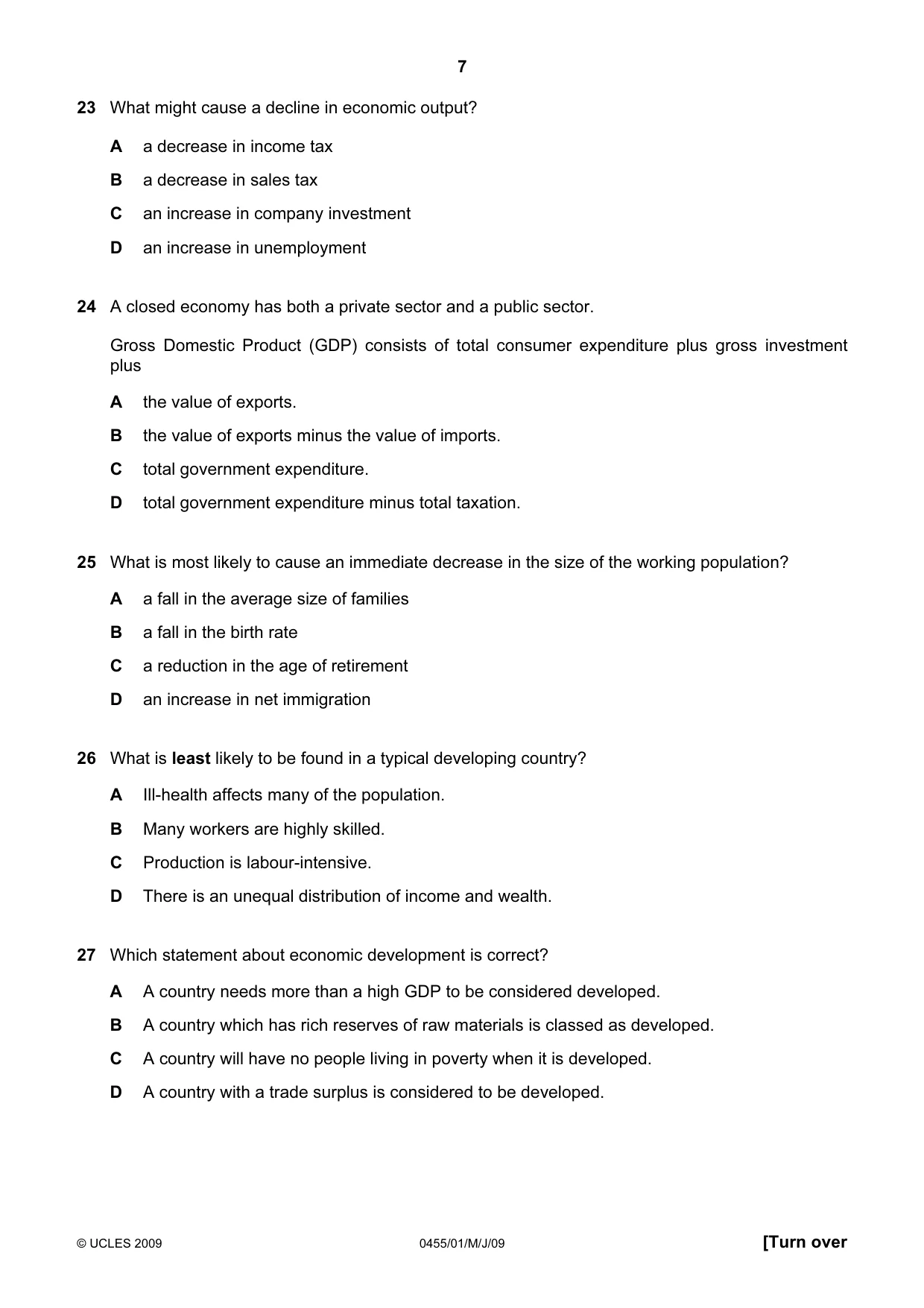 Cambridge IGCSE Economics 0455 2009 May/June Paper 1 · Variant 1 question paper, page 7 of 8