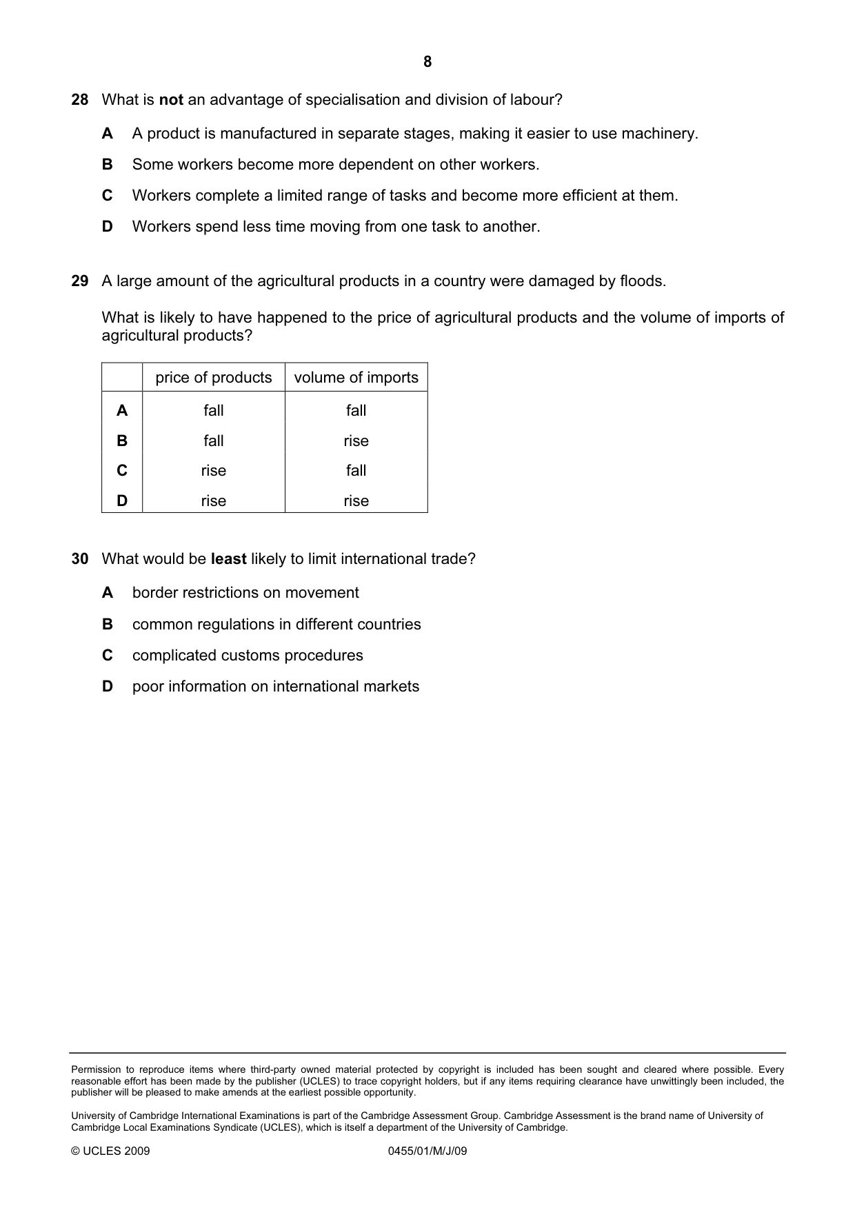 Cambridge IGCSE Economics 0455 2009 May/June Paper 1 · Variant 1 question paper, page 8 of 8