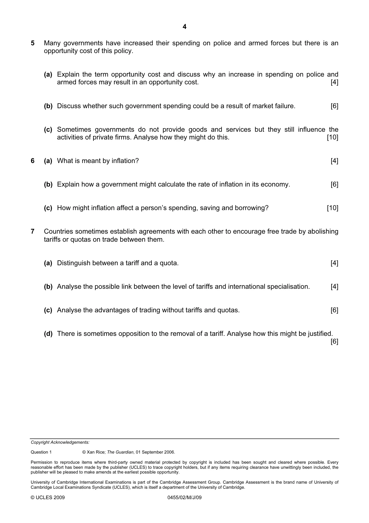 Cambridge IGCSE Economics 0455 2009 May/June Paper 2 · Variant 1 question paper, page 4 of 4