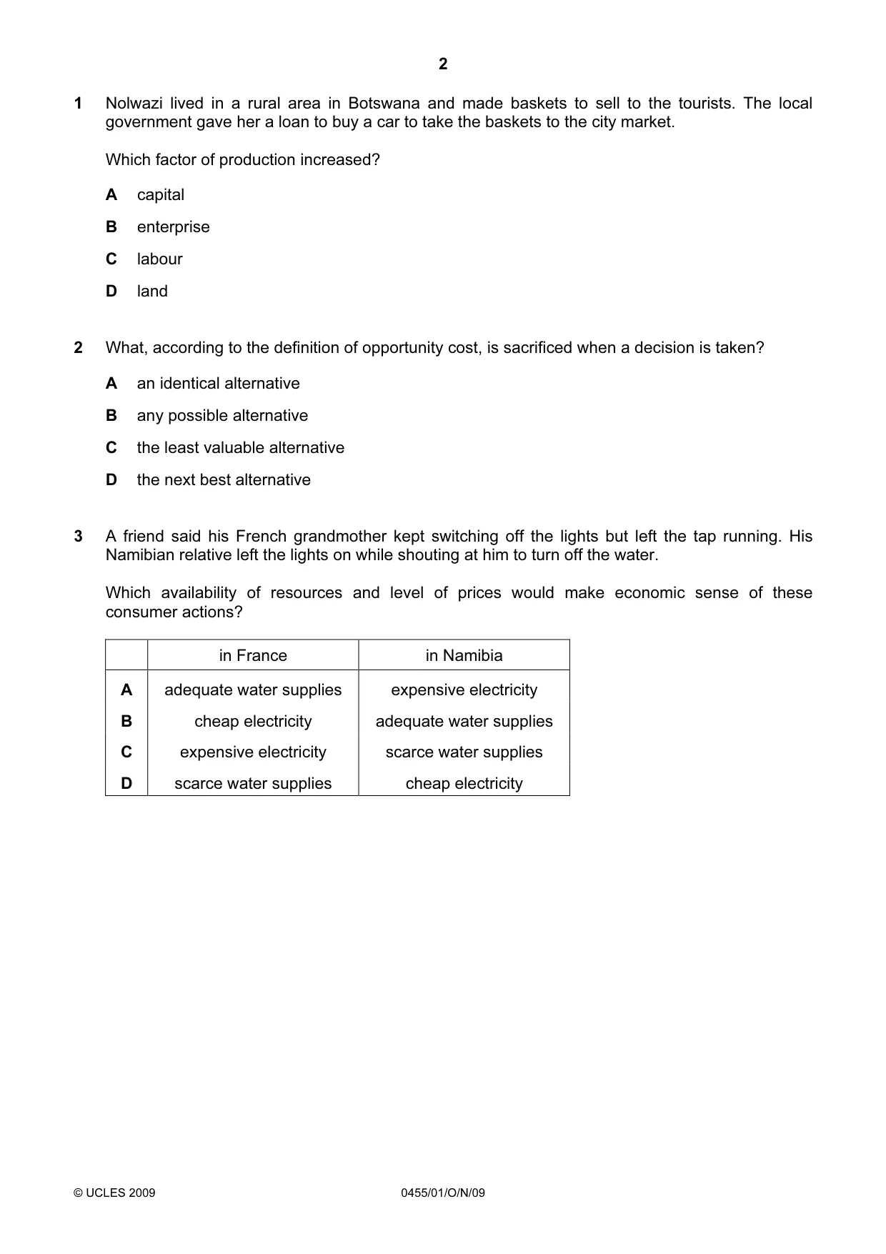 Cambridge IGCSE Economics 0455 2009 Oct/Nov Paper 1 · Variant 1 question paper, page 2 of 12