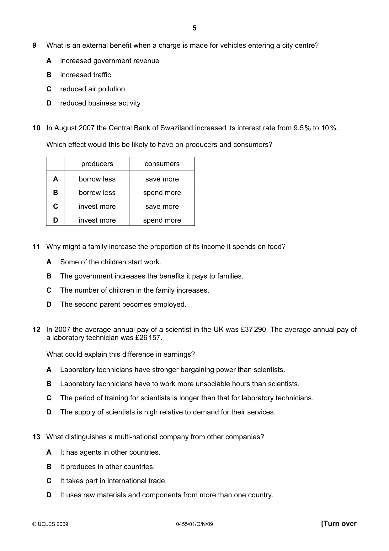 Cambridge IGCSE Economics 0455 2009 Oct/Nov Paper 1 · Variant 1 question paper, page 5 of 12