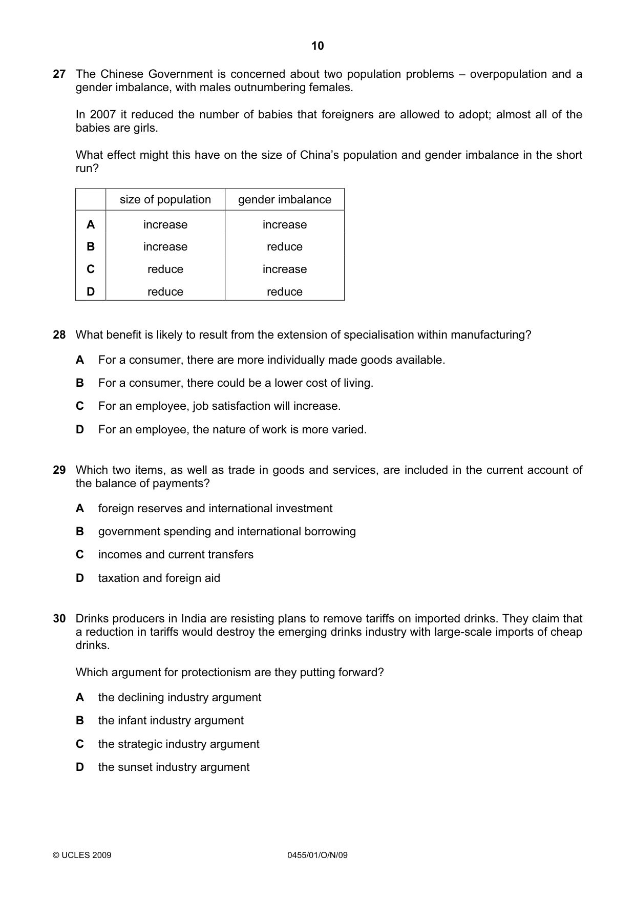 Cambridge IGCSE Economics 0455 2009 Oct/Nov Paper 1 · Variant 1 question paper, page 10 of 12