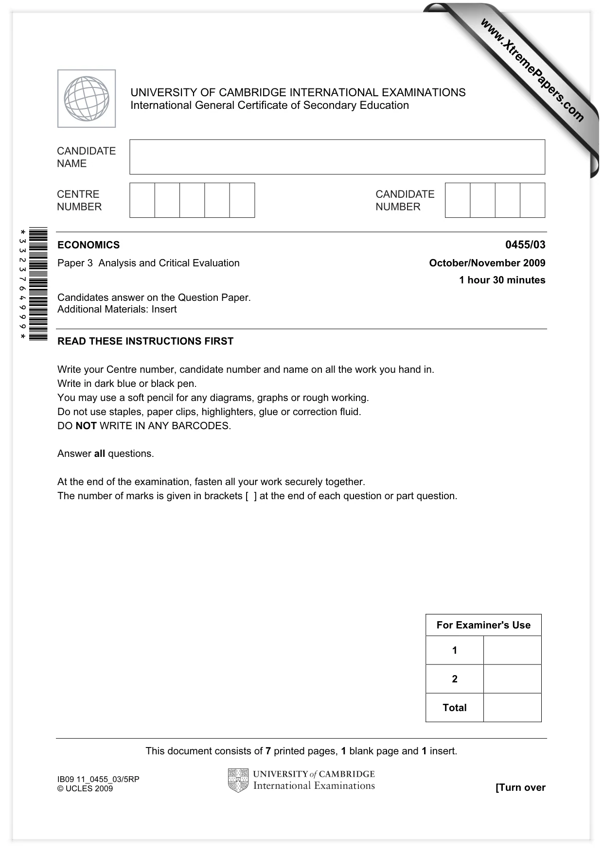 Cambridge IGCSE Economics 0455 2009 Oct/Nov Paper 3 · Variant 1 question paper, page 1 of 8