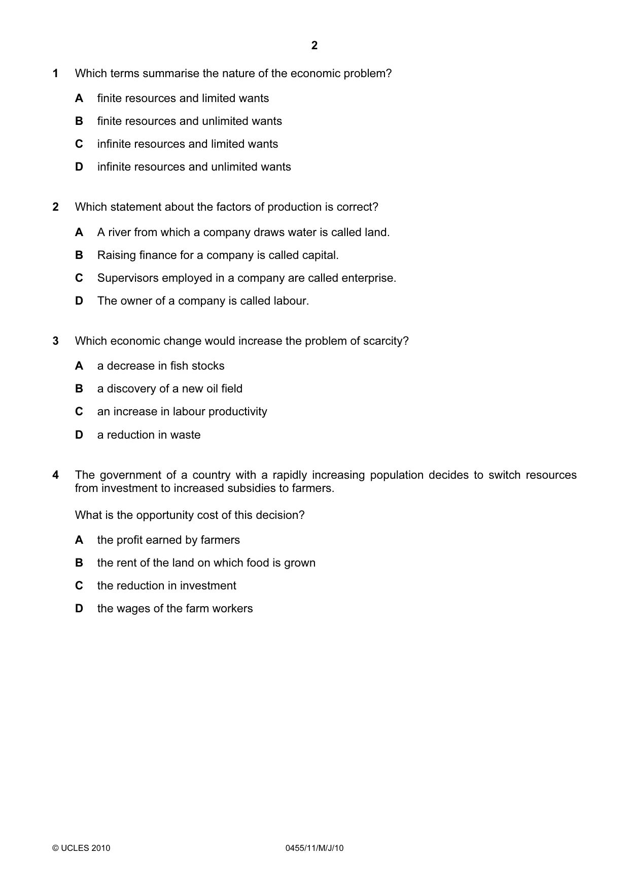 Cambridge IGCSE Economics 0455 2010 May/June Paper 1 · Variant 1 question paper, page 2 of 12