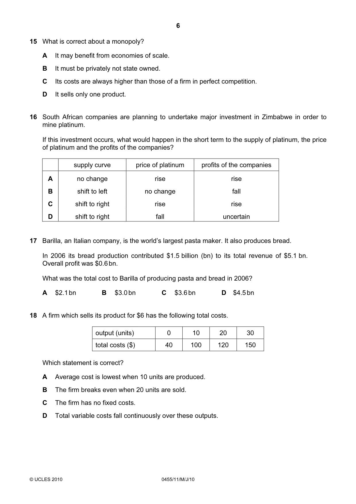 Cambridge IGCSE Economics 0455 2010 May/June Paper 1 · Variant 1 question paper, page 6 of 12