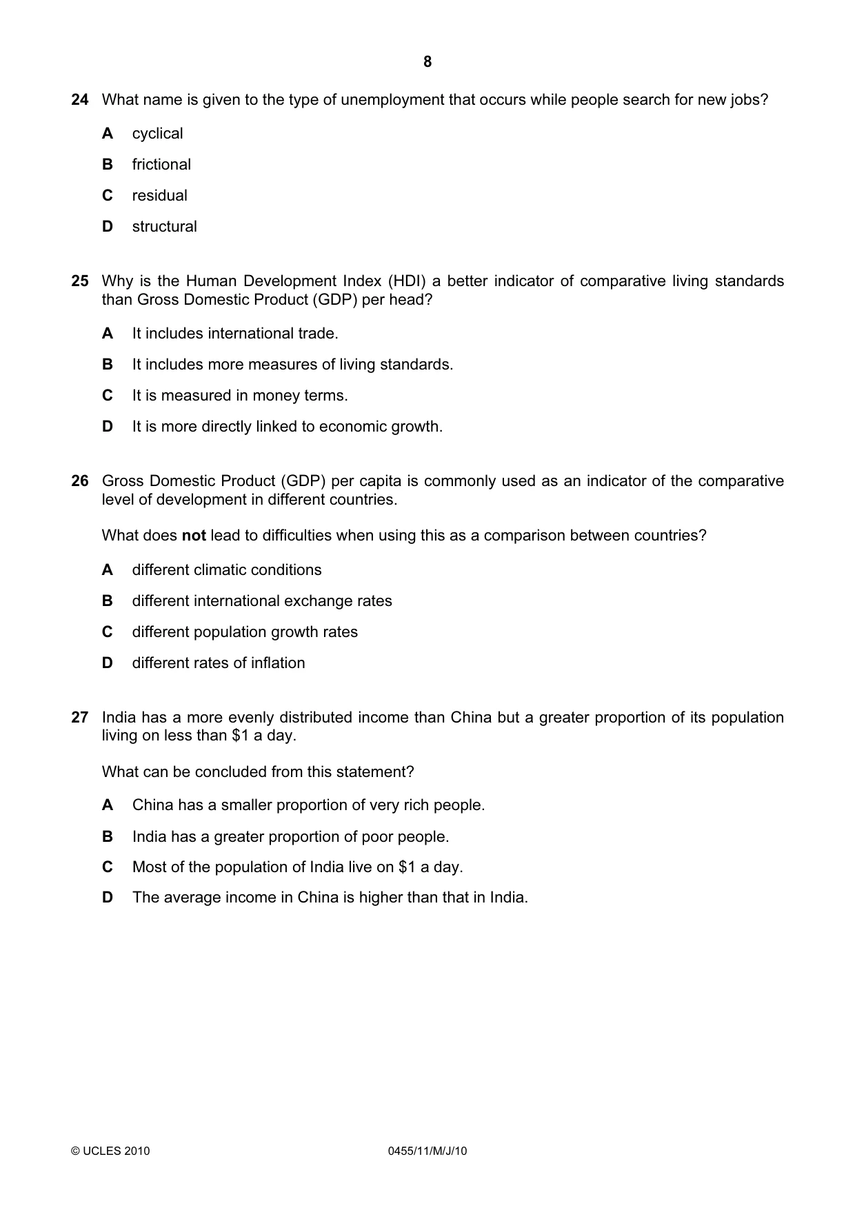 Cambridge IGCSE Economics 0455 2010 May/June Paper 1 · Variant 1 question paper, page 8 of 12