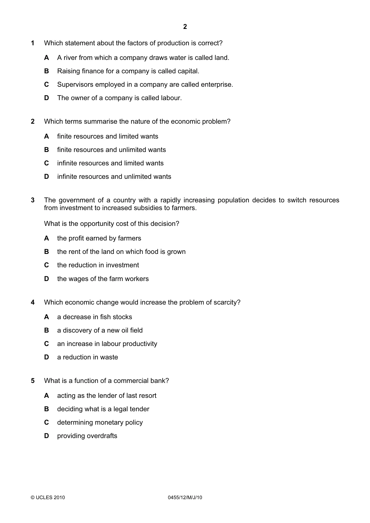Cambridge IGCSE Economics 0455 2010 May/June Paper 1 · Variant 2 question paper, page 2 of 12