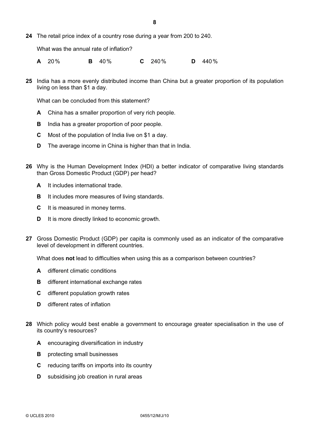 Cambridge IGCSE Economics 0455 2010 May/June Paper 1 · Variant 2 question paper, page 8 of 12