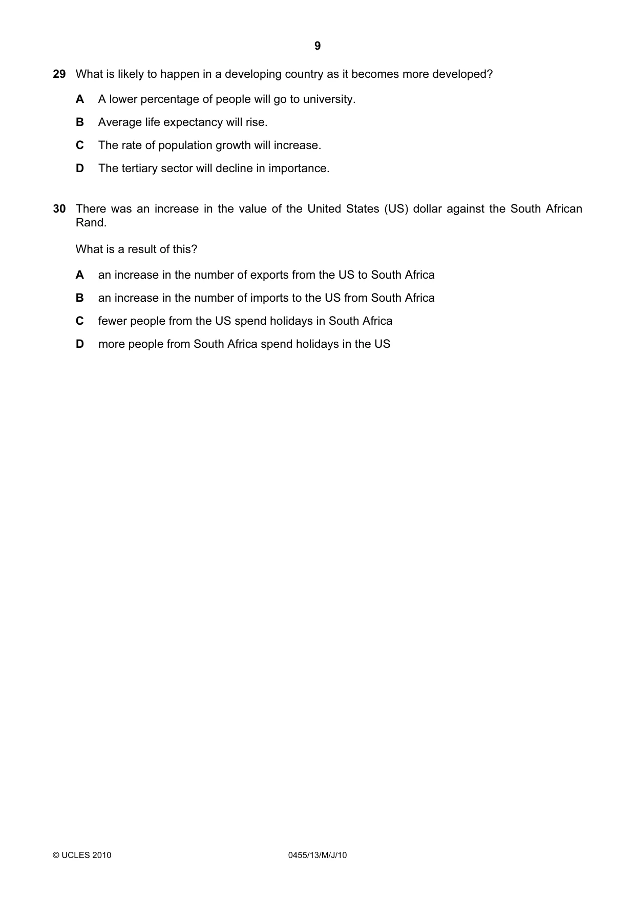 Cambridge IGCSE Economics 0455 2010 May/June Paper 1 · Variant 3 question paper, page 9 of 12