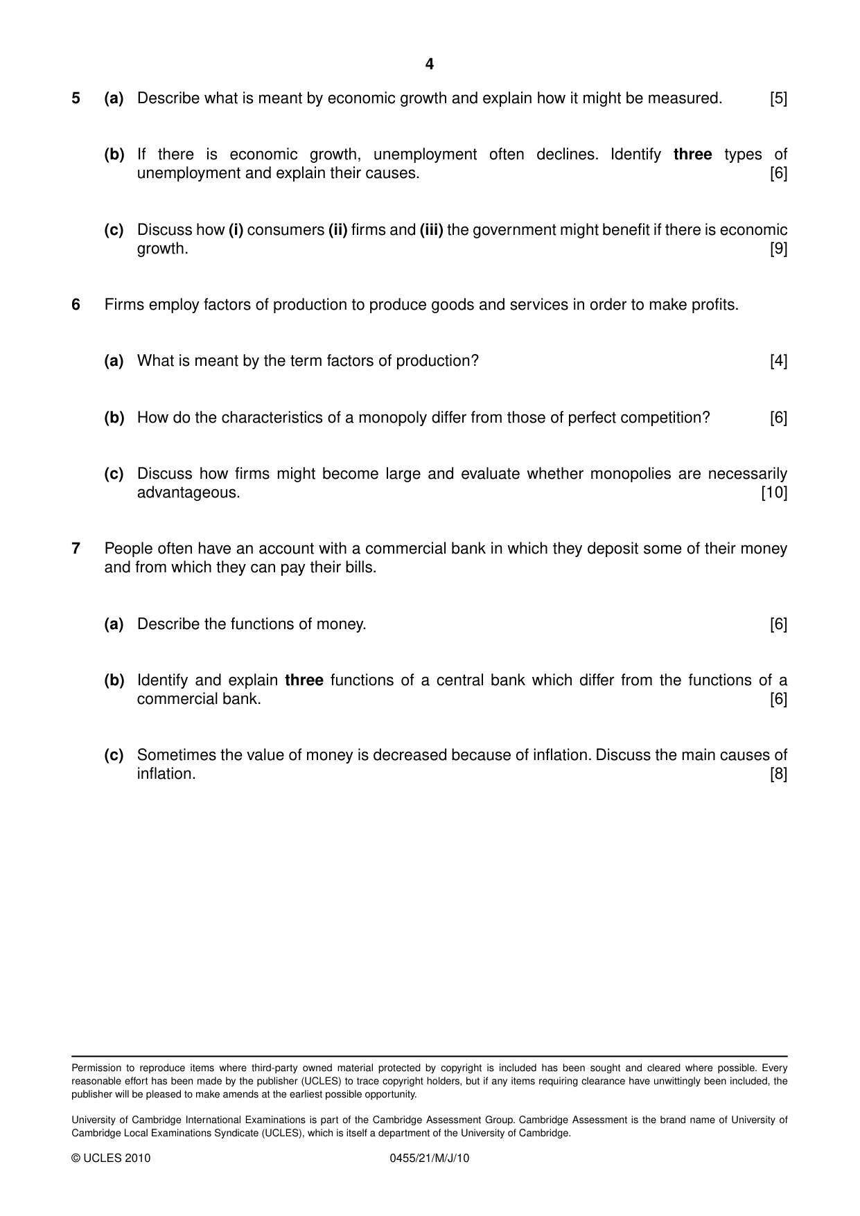 Cambridge IGCSE Economics 0455 2010 May/June Paper 2 · Variant 1 question paper, page 4 of 4