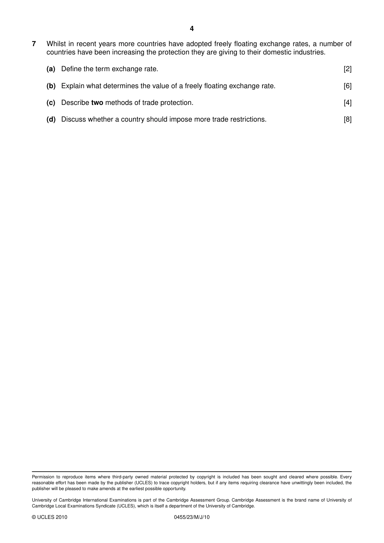 Cambridge IGCSE Economics 0455 2010 May/June Paper 2 · Variant 3 question paper, page 4 of 4