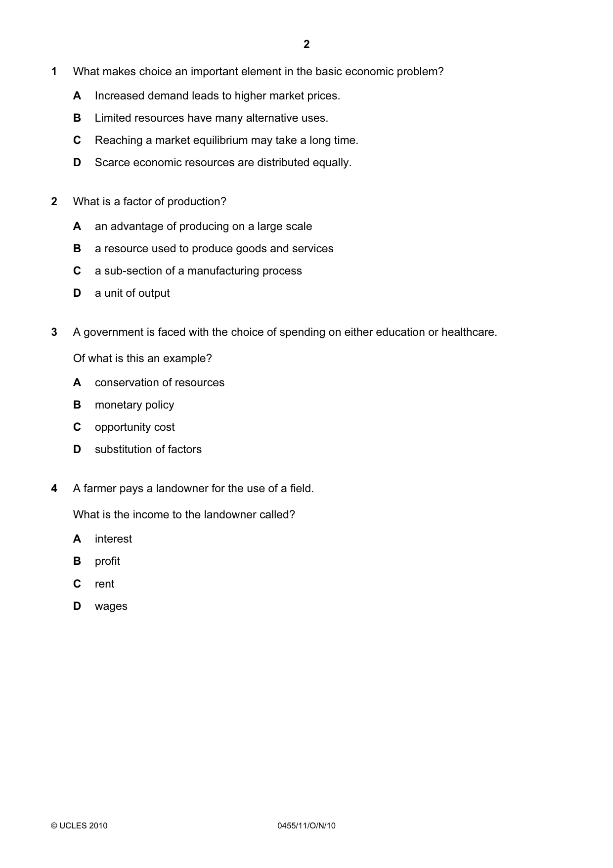 Cambridge IGCSE Economics 0455 2010 Oct/Nov Paper 1 · Variant 1 question paper, page 2 of 12