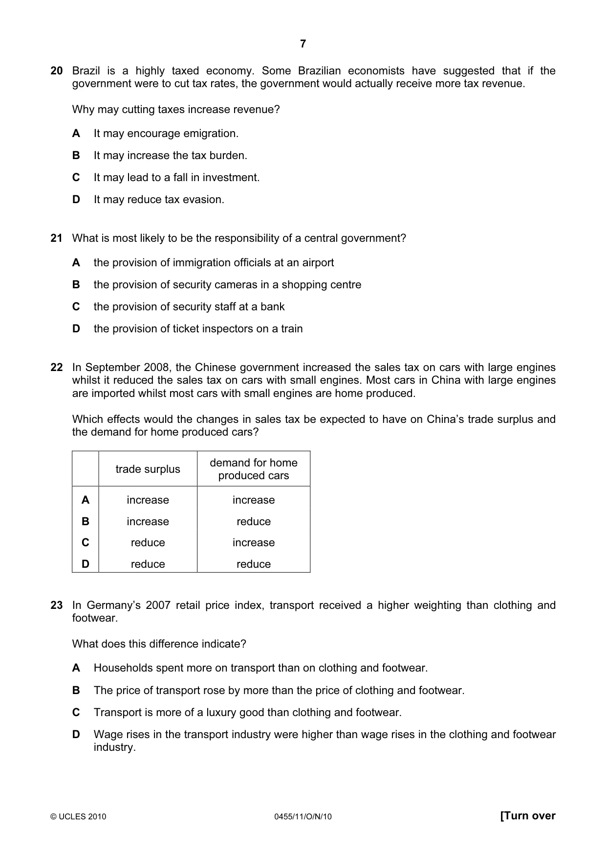 Cambridge IGCSE Economics 0455 2010 Oct/Nov Paper 1 · Variant 1 question paper, page 7 of 12