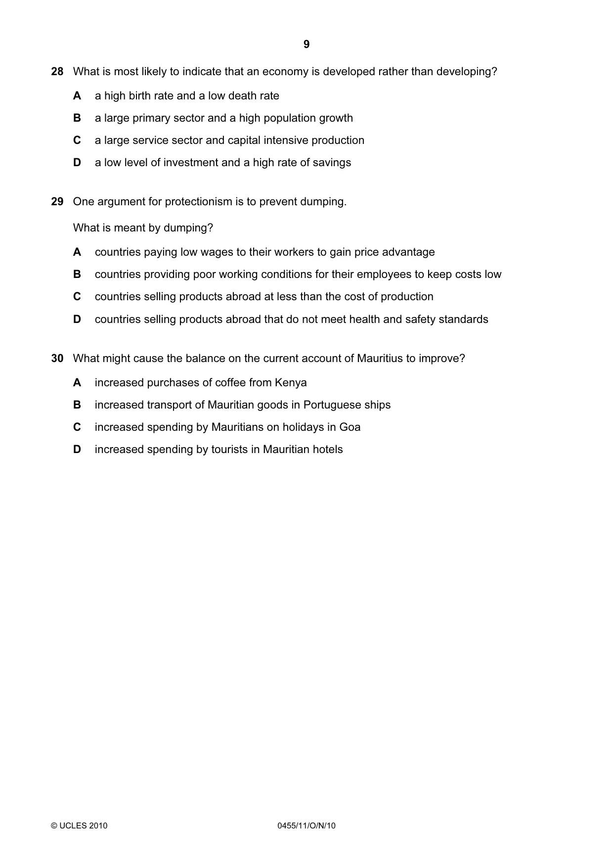 Cambridge IGCSE Economics 0455 2010 Oct/Nov Paper 1 · Variant 1 question paper, page 9 of 12