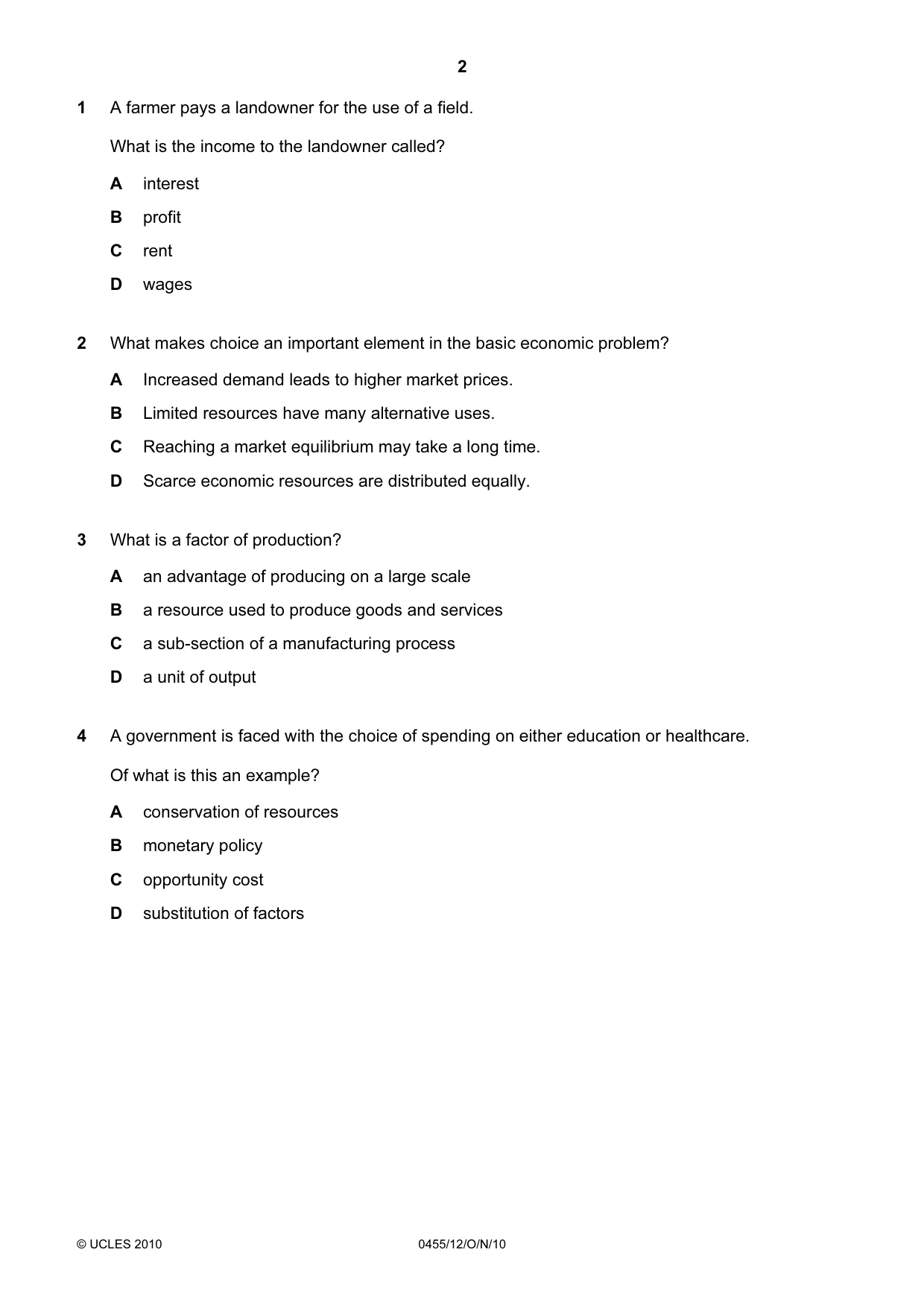 Cambridge IGCSE Economics 0455 2010 Oct/Nov Paper 1 · Variant 2 question paper, page 2 of 12