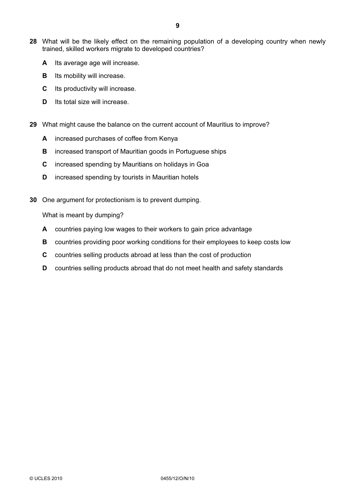 Cambridge IGCSE Economics 0455 2010 Oct/Nov Paper 1 · Variant 2 question paper, page 9 of 12
