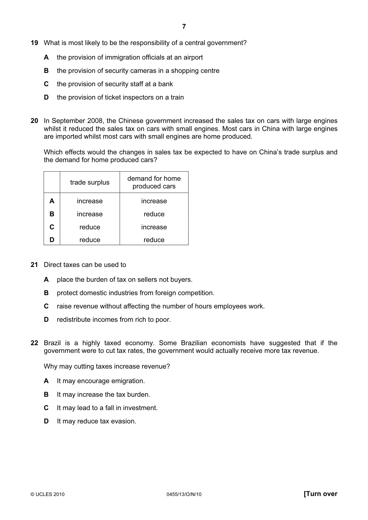 Cambridge IGCSE Economics 0455 2010 Oct/Nov Paper 1 · Variant 3 question paper, page 7 of 12