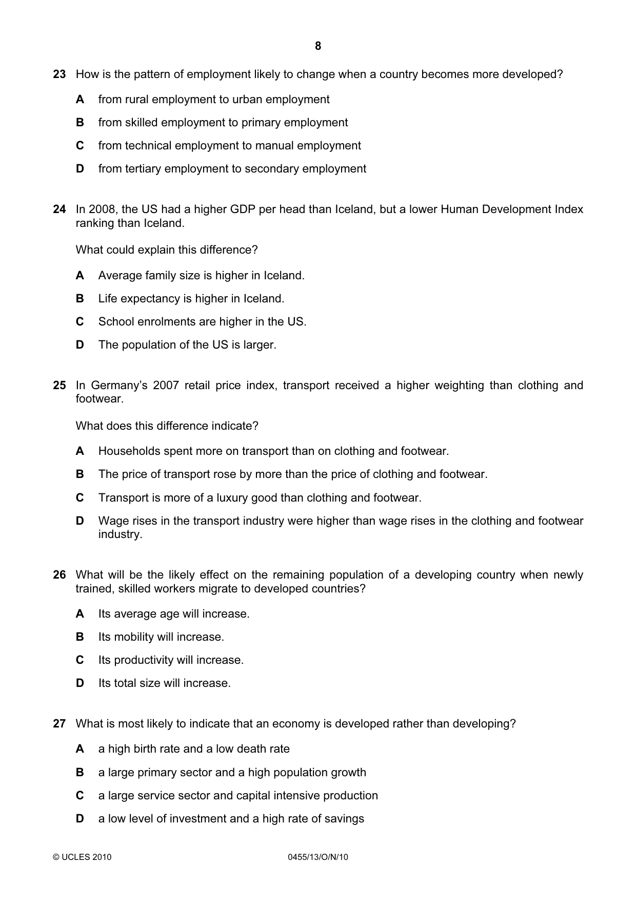 Cambridge IGCSE Economics 0455 2010 Oct/Nov Paper 1 · Variant 3 question paper, page 8 of 12