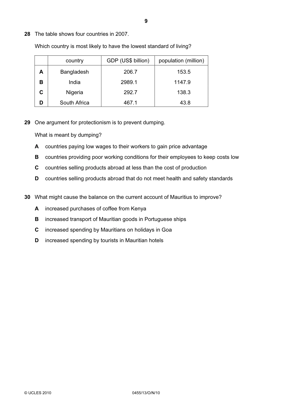 Cambridge IGCSE Economics 0455 2010 Oct/Nov Paper 1 · Variant 3 question paper, page 9 of 12