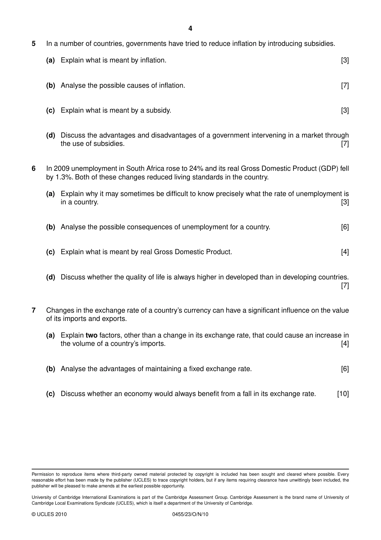Cambridge IGCSE Economics 0455 2010 Oct/Nov Paper 2 · Variant 3 question paper, page 4 of 4