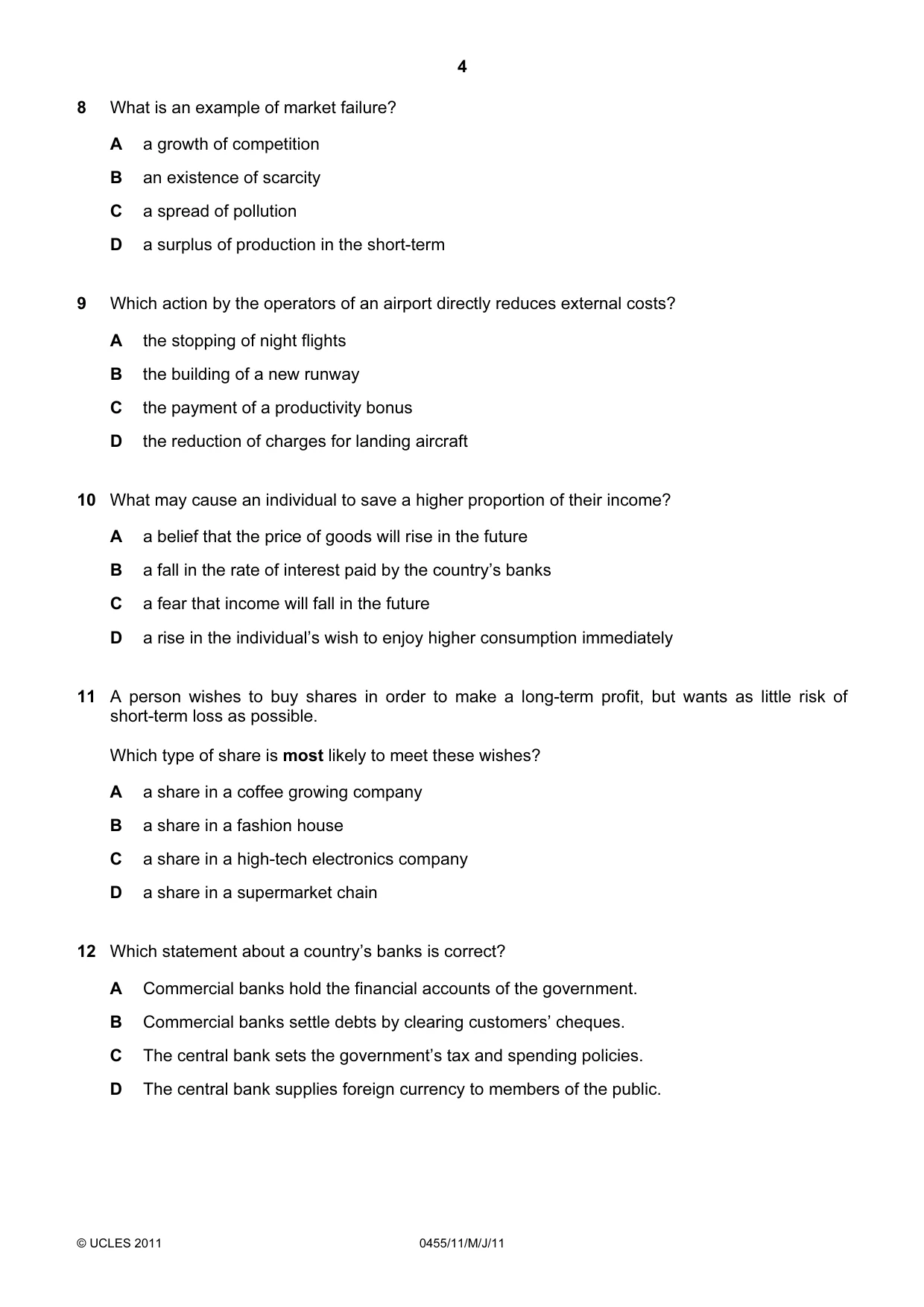 Cambridge IGCSE Economics 0455 2011 May/June Paper 1 · Variant 1 question paper, page 4 of 12