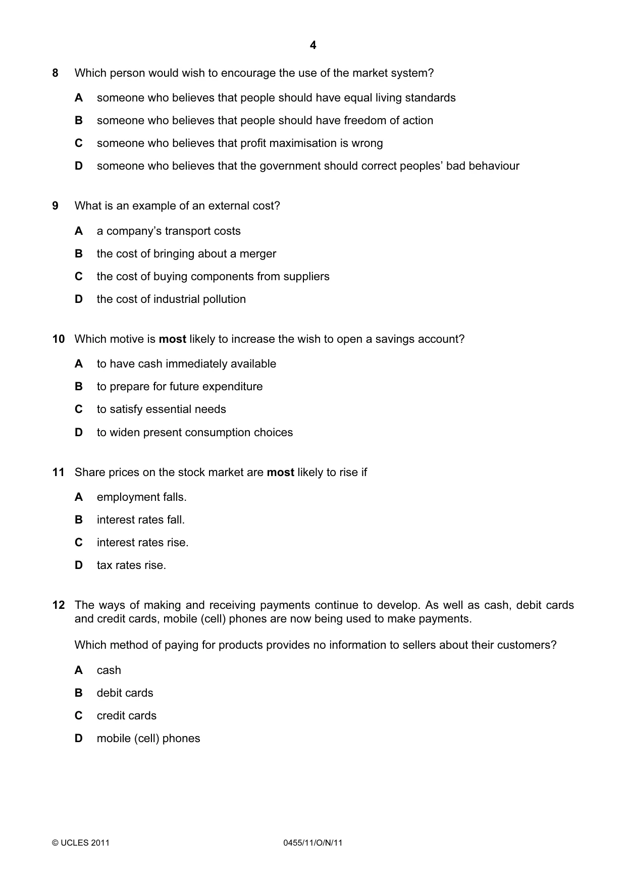 Cambridge IGCSE Economics 0455 2011 Oct/Nov Paper 1 · Variant 1 question paper, page 4 of 12
