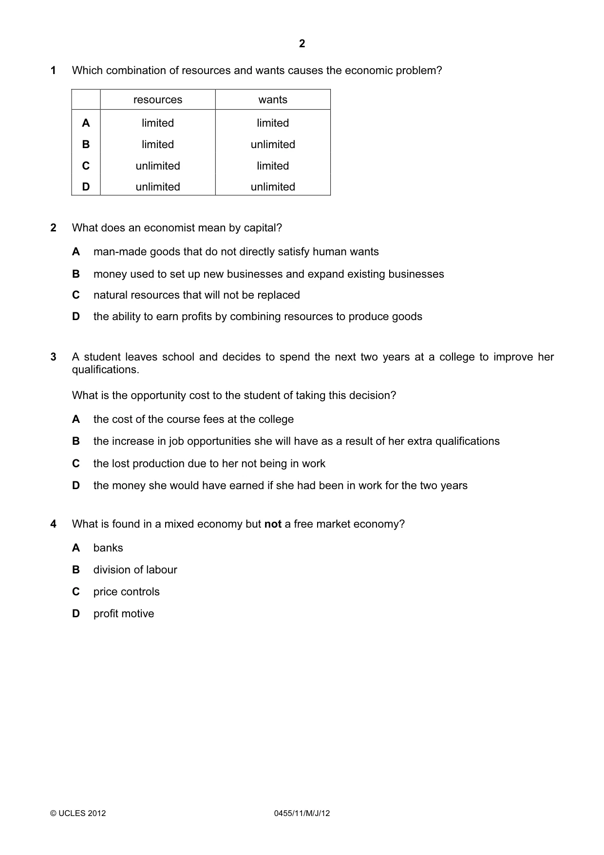 Cambridge IGCSE Economics 0455 2012 May/June Paper 1 · Variant 1 question paper, page 2 of 12