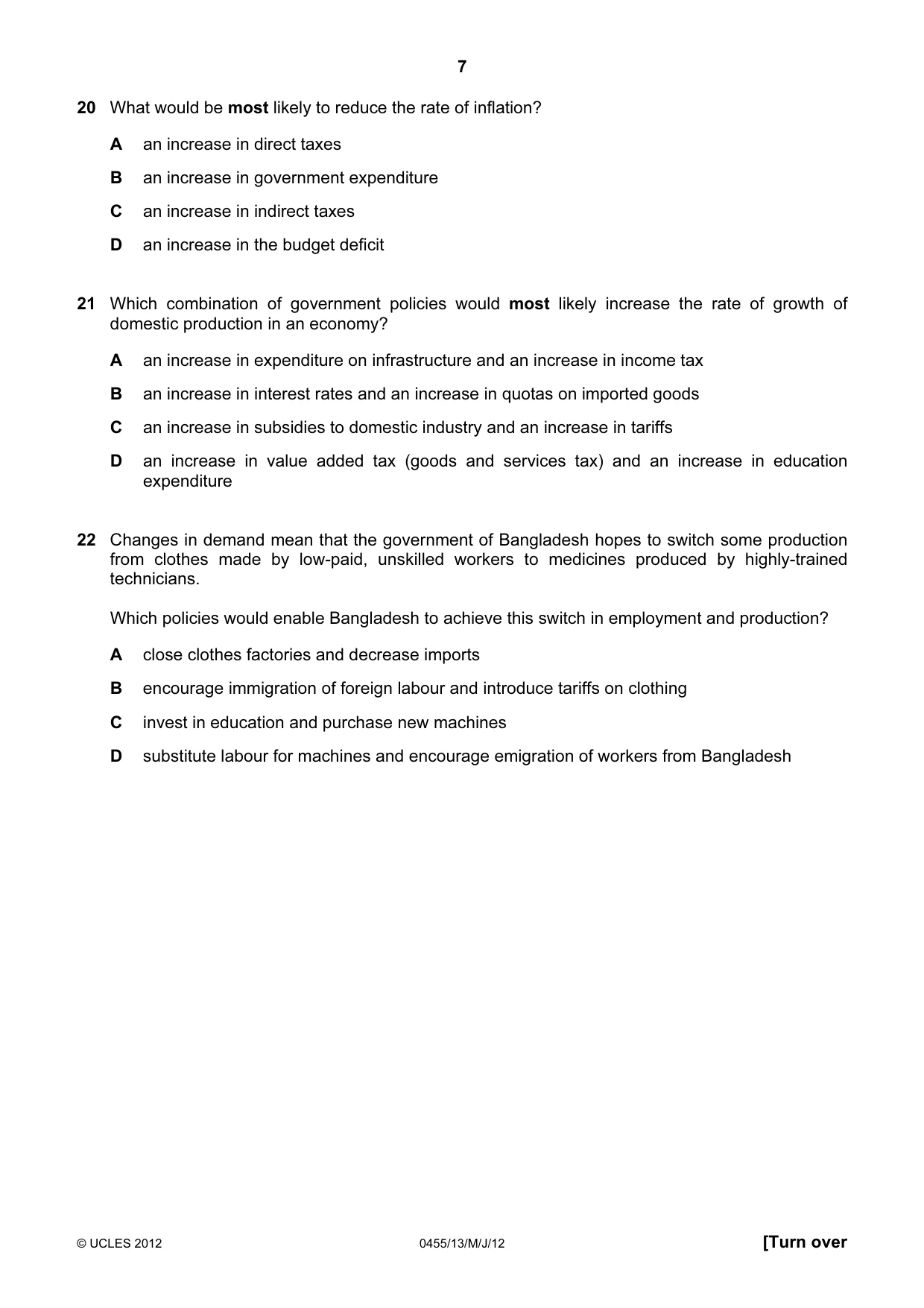 Cambridge IGCSE Economics 0455 2012 May/June Paper 1 · Variant 3 question paper, page 7 of 12