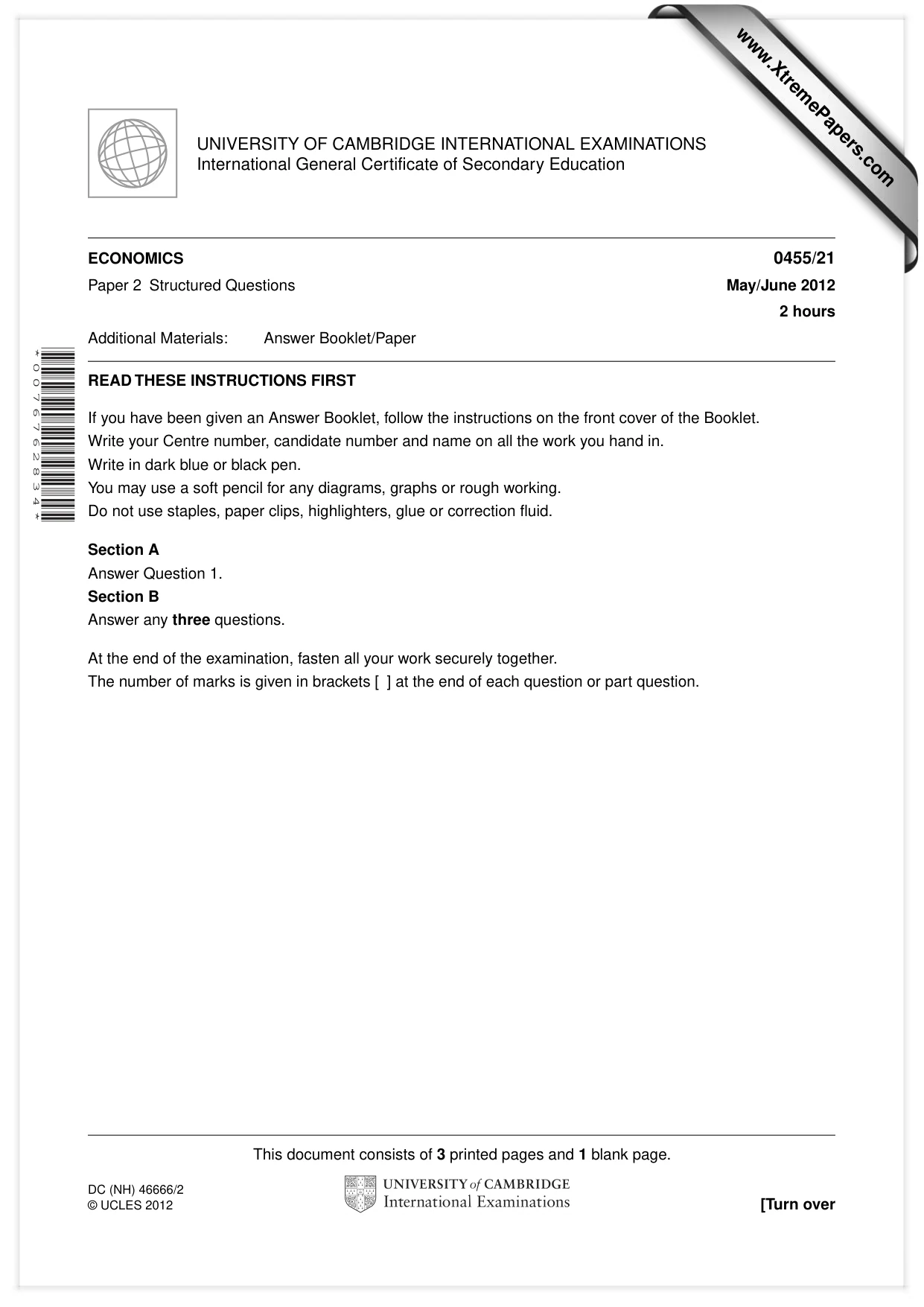 Cambridge IGCSE Economics 0455 2012 May/June Paper 2 · Variant 1 question paper, page 1 of 4