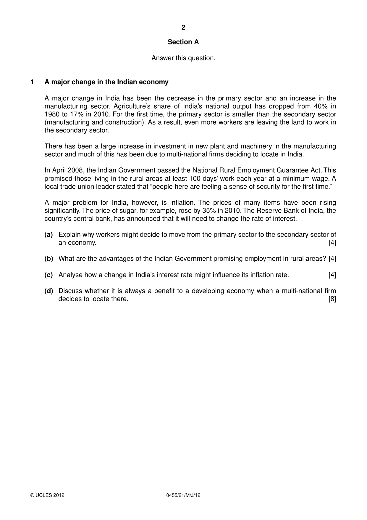 Cambridge IGCSE Economics 0455 2012 May/June Paper 2 · Variant 1 question paper, page 2 of 4