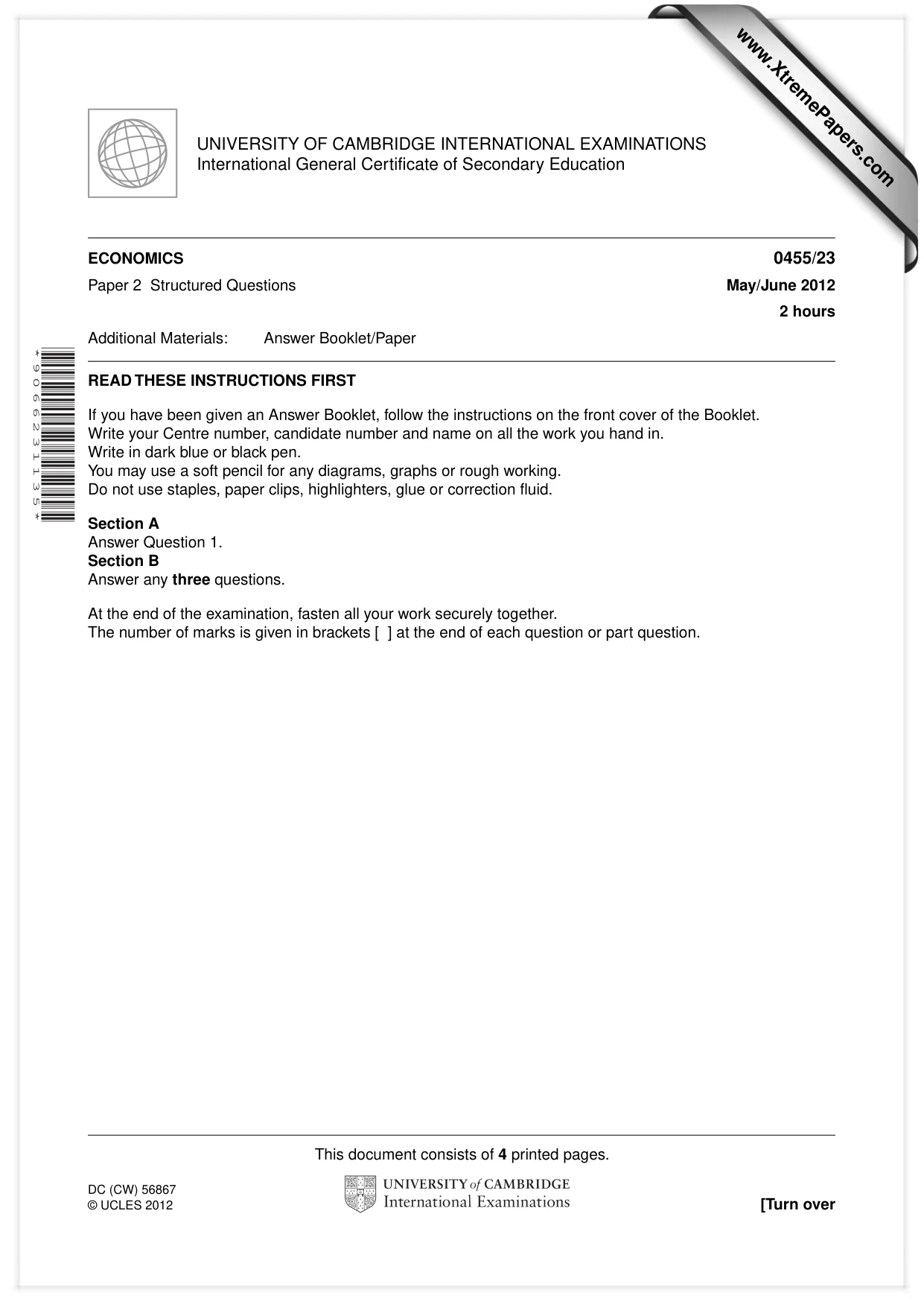 Cambridge IGCSE Economics 0455 2012 May/June Paper 2 · Variant 3 question paper, page 1 of 4
