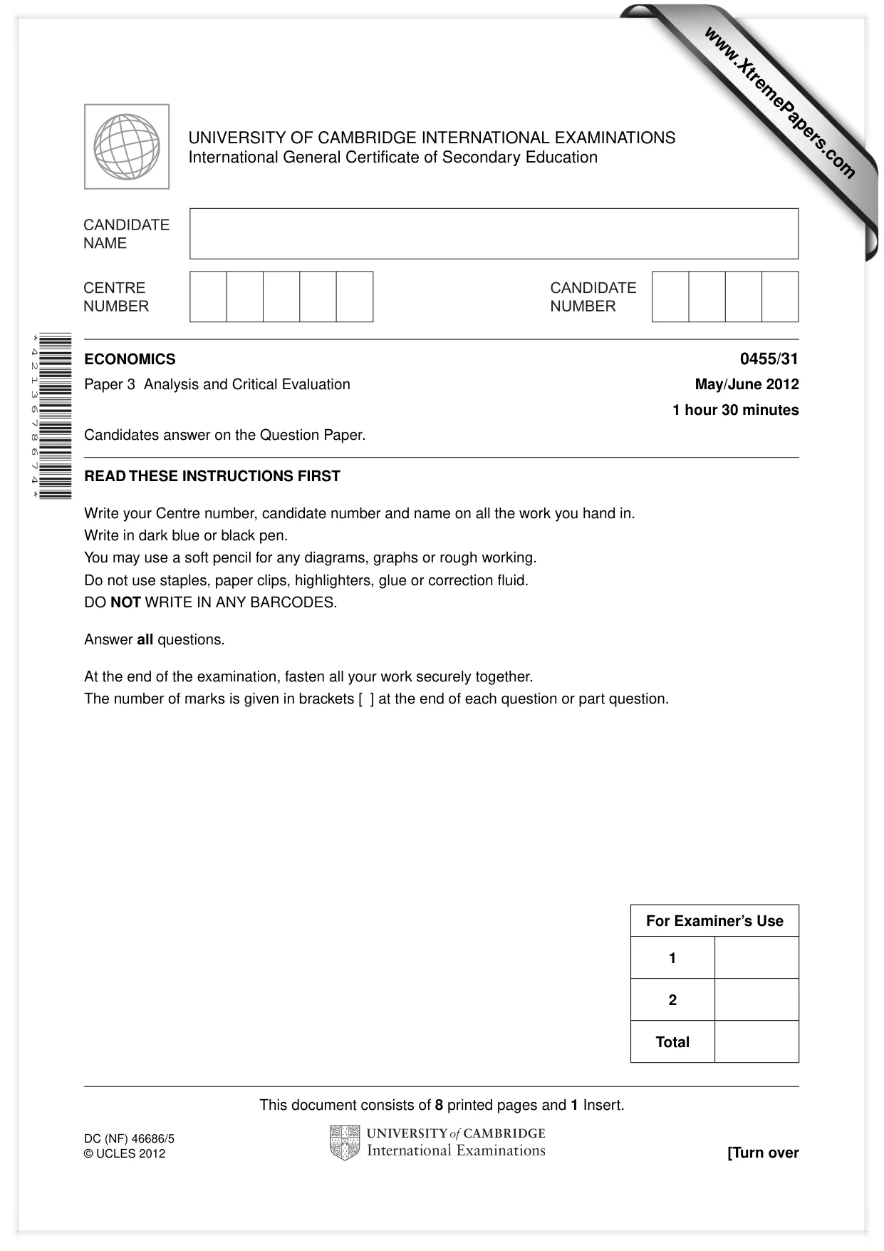 Cambridge IGCSE Economics 0455 2012 May/June Paper 3 · Variant 1 question paper, page 1 of 8