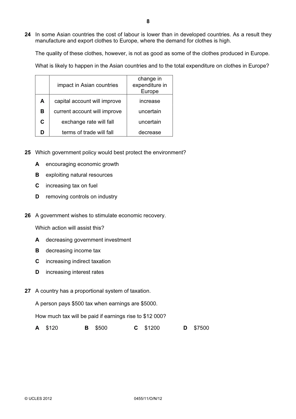 Cambridge IGCSE Economics 0455 2012 Oct/Nov Paper 1 · Variant 1 question paper, page 8 of 12
