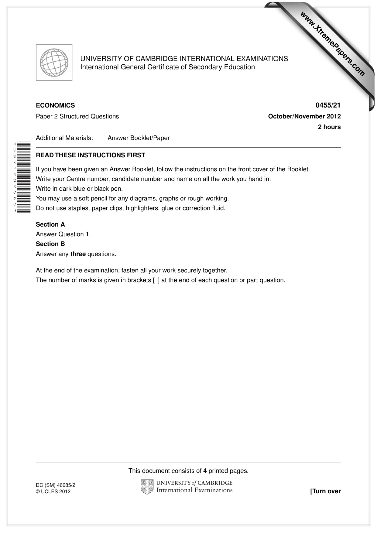 Cambridge IGCSE Economics 0455 2012 Oct/Nov Paper 2 · Variant 1 question paper, page 1 of 4