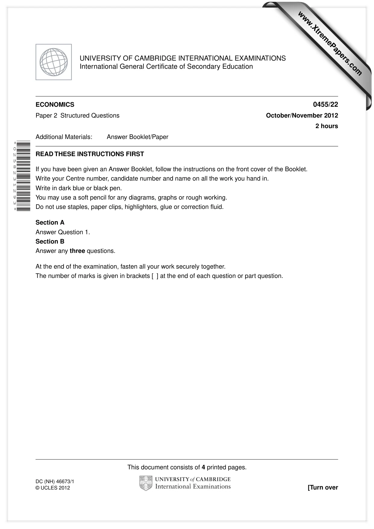 Cambridge IGCSE Economics 0455 2012 Oct/Nov Paper 2 · Variant 2 question paper, page 1 of 4