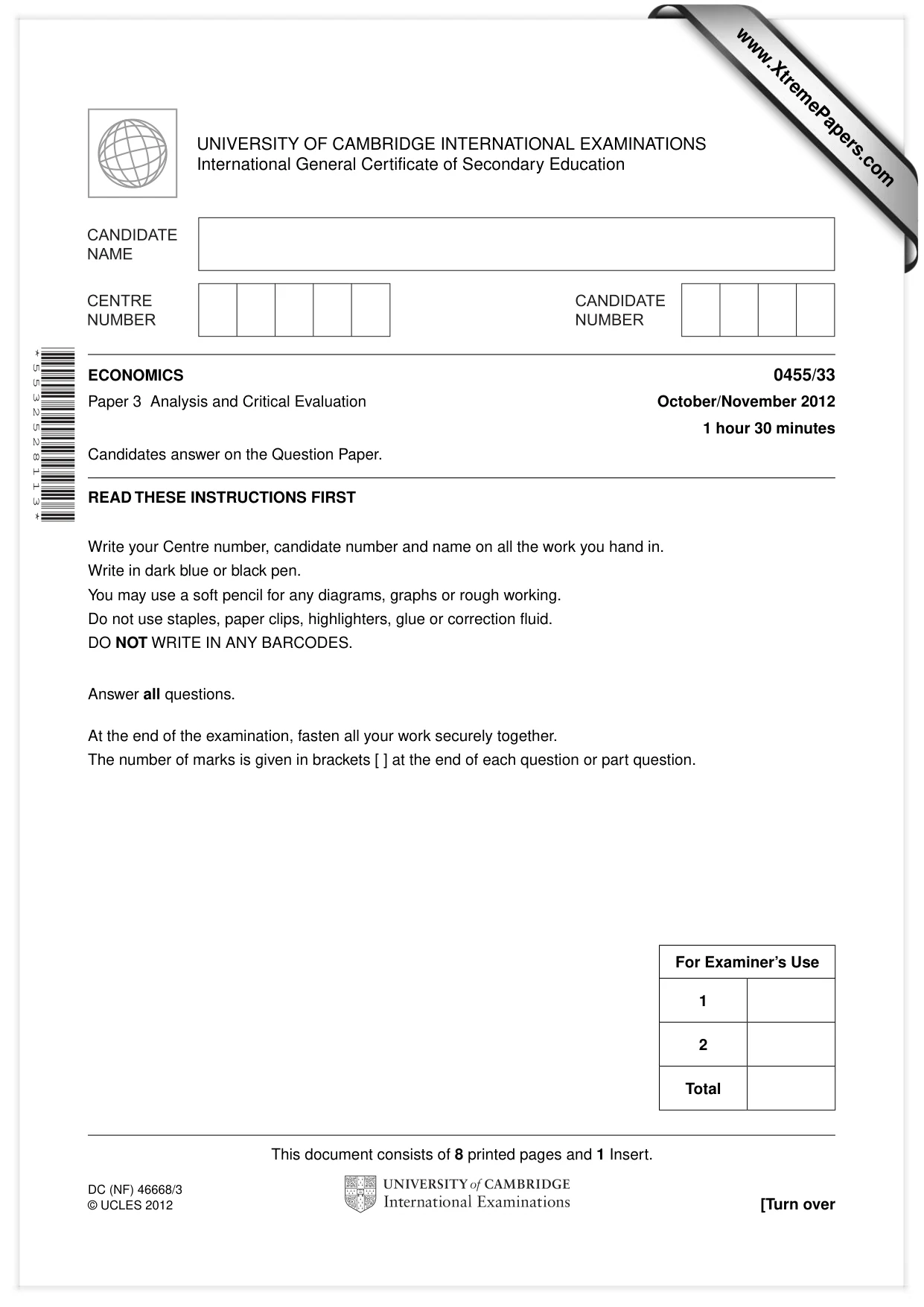Cambridge IGCSE Economics 0455 2012 Oct/Nov Paper 3 · Variant 3 question paper, page 1 of 8