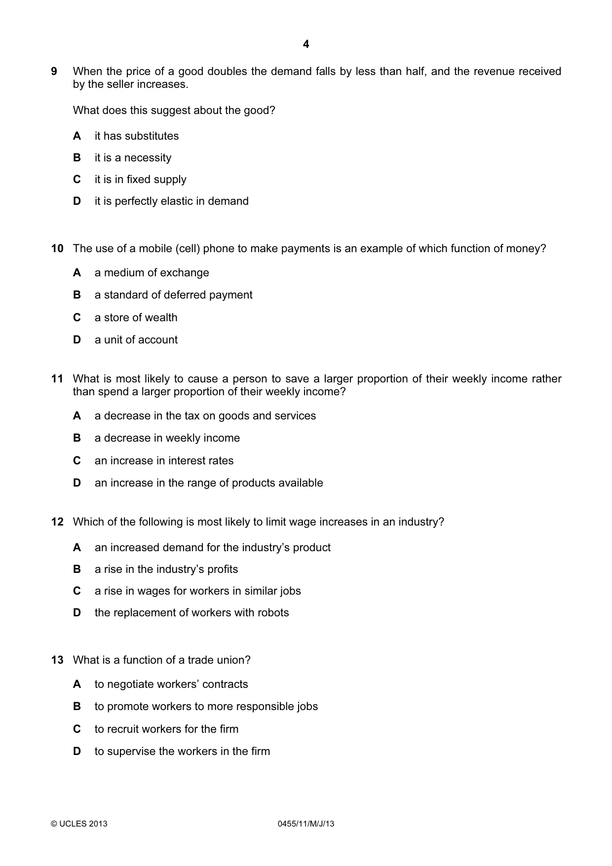 Cambridge IGCSE Economics 0455 2013 May/June Paper 1 · Variant 1 question paper, page 4 of 12
