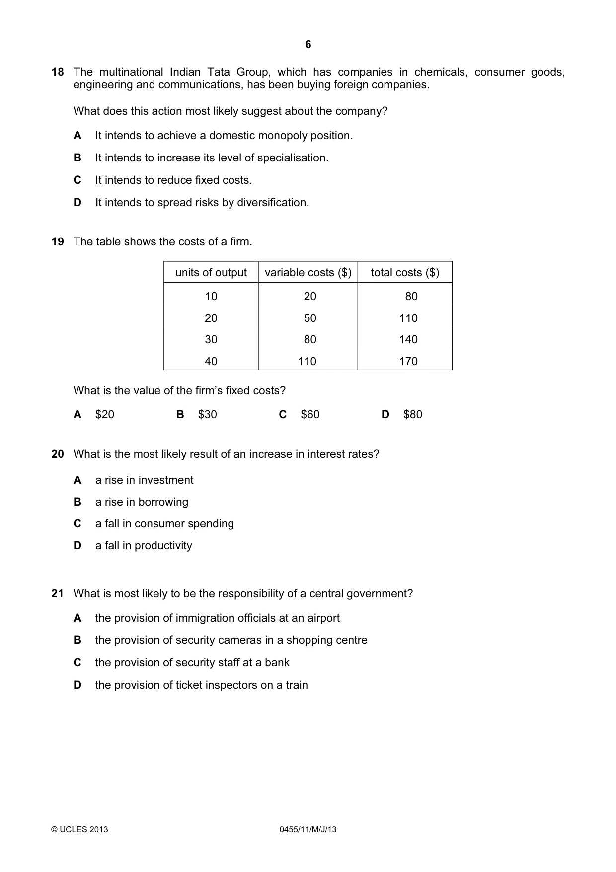 Cambridge IGCSE Economics 0455 2013 May/June Paper 1 · Variant 1 question paper, page 6 of 12