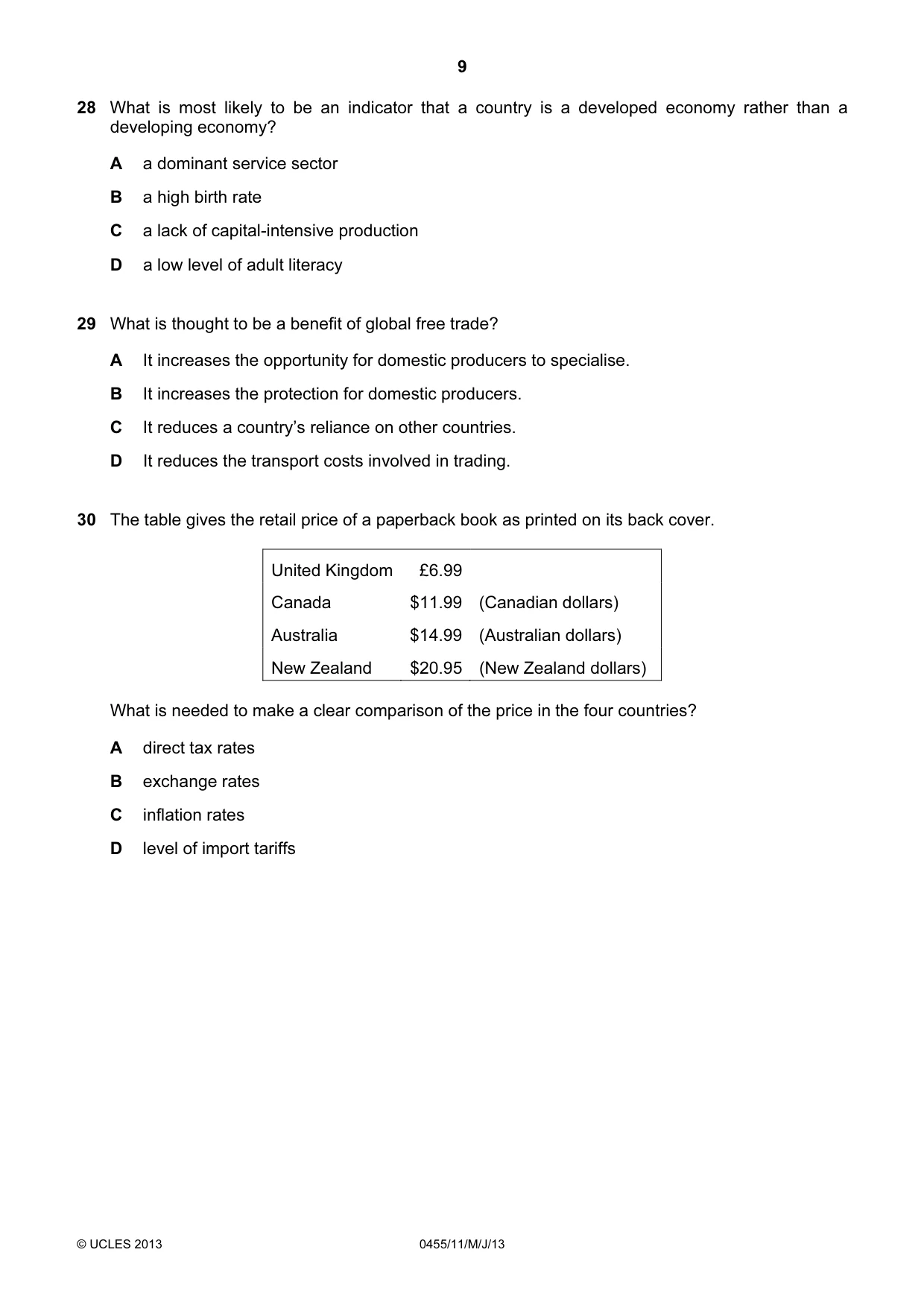Cambridge IGCSE Economics 0455 2013 May/June Paper 1 · Variant 1 question paper, page 9 of 12