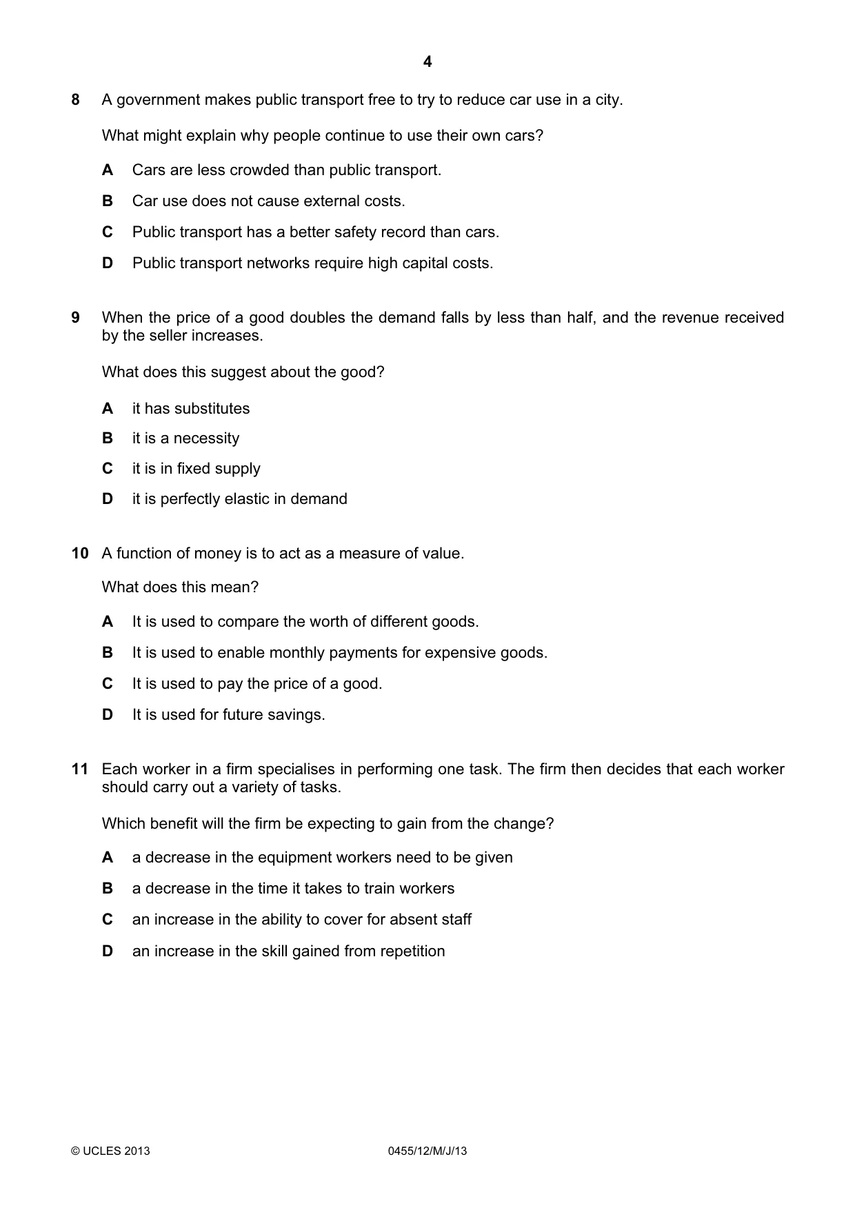 Cambridge IGCSE Economics 0455 2013 May/June Paper 1 · Variant 2 question paper, page 4 of 12