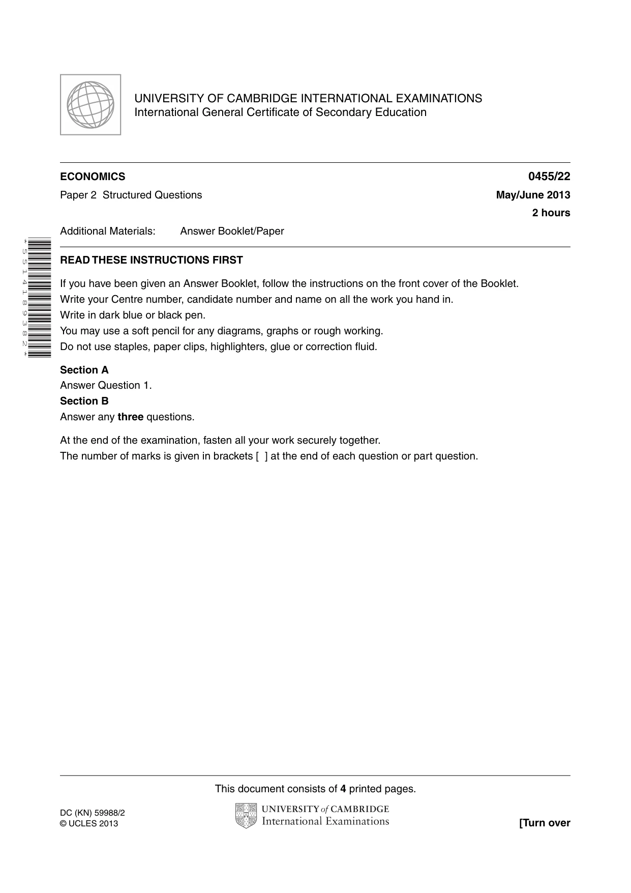 Cambridge IGCSE Economics 0455 2013 May/June Paper 2 · Variant 2 question paper, page 1 of 4