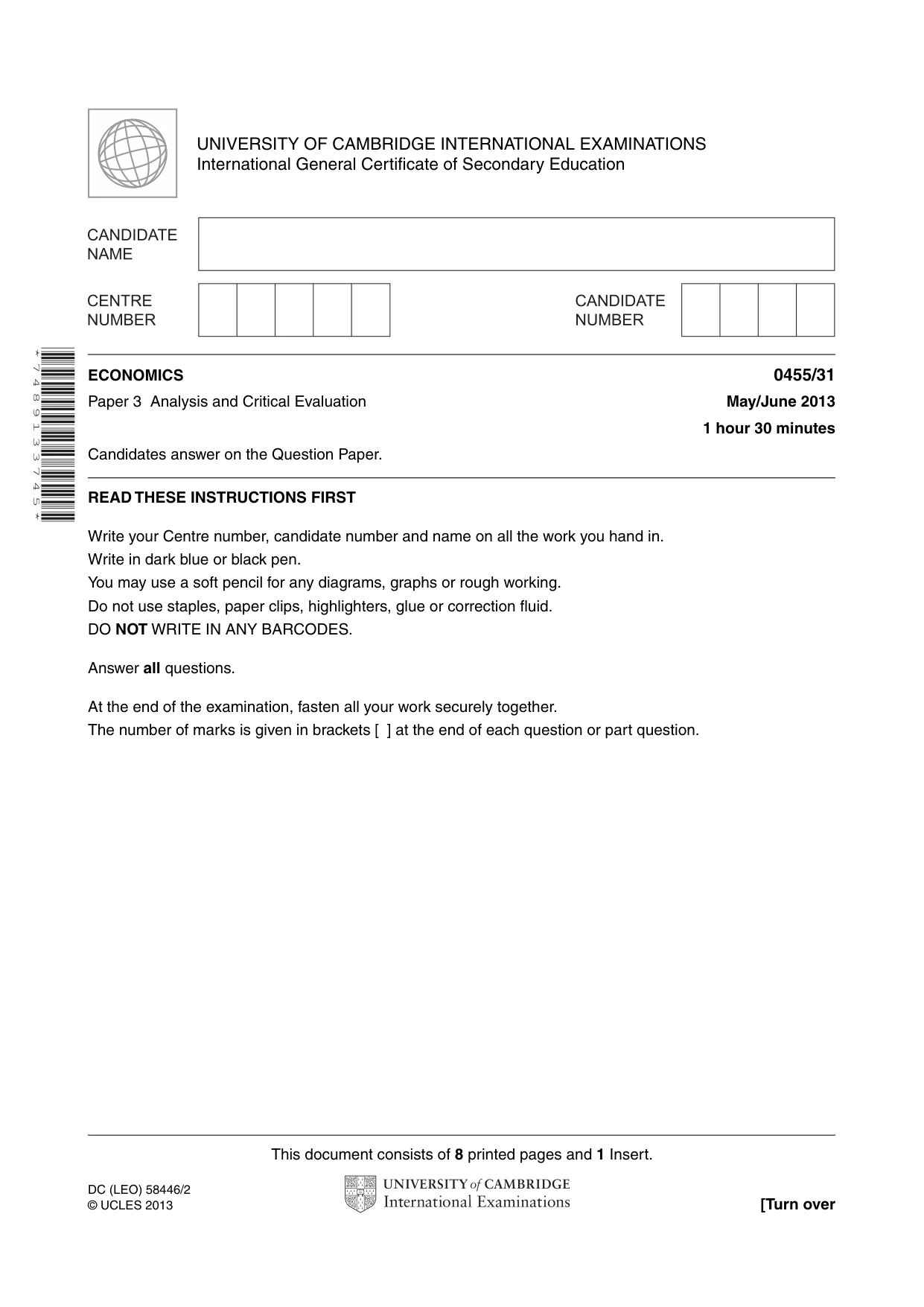 Cambridge IGCSE Economics 0455 2013 May/June Paper 3 · Variant 1 question paper, page 1 of 8